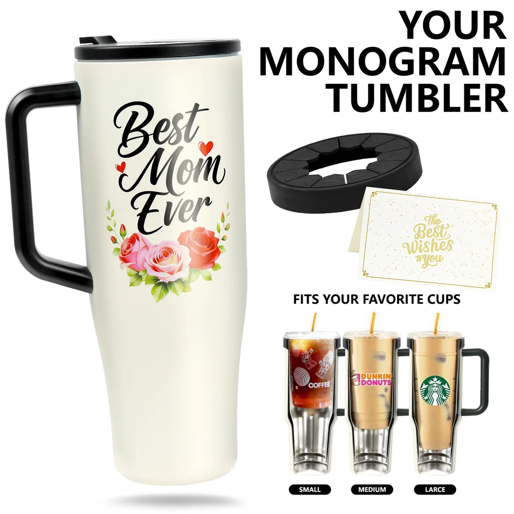 #1 Mom 40Oz Tumbler| Universal Silicone Cup Adapter Ring| Mom Nutrition Facts White Insulated Cup | Leakresistant Travel Coffee Mug with Handle & Straw | Mother'S Day Gift | Special Edition |Funny Birthday Present |Cup Reusable Tumbler