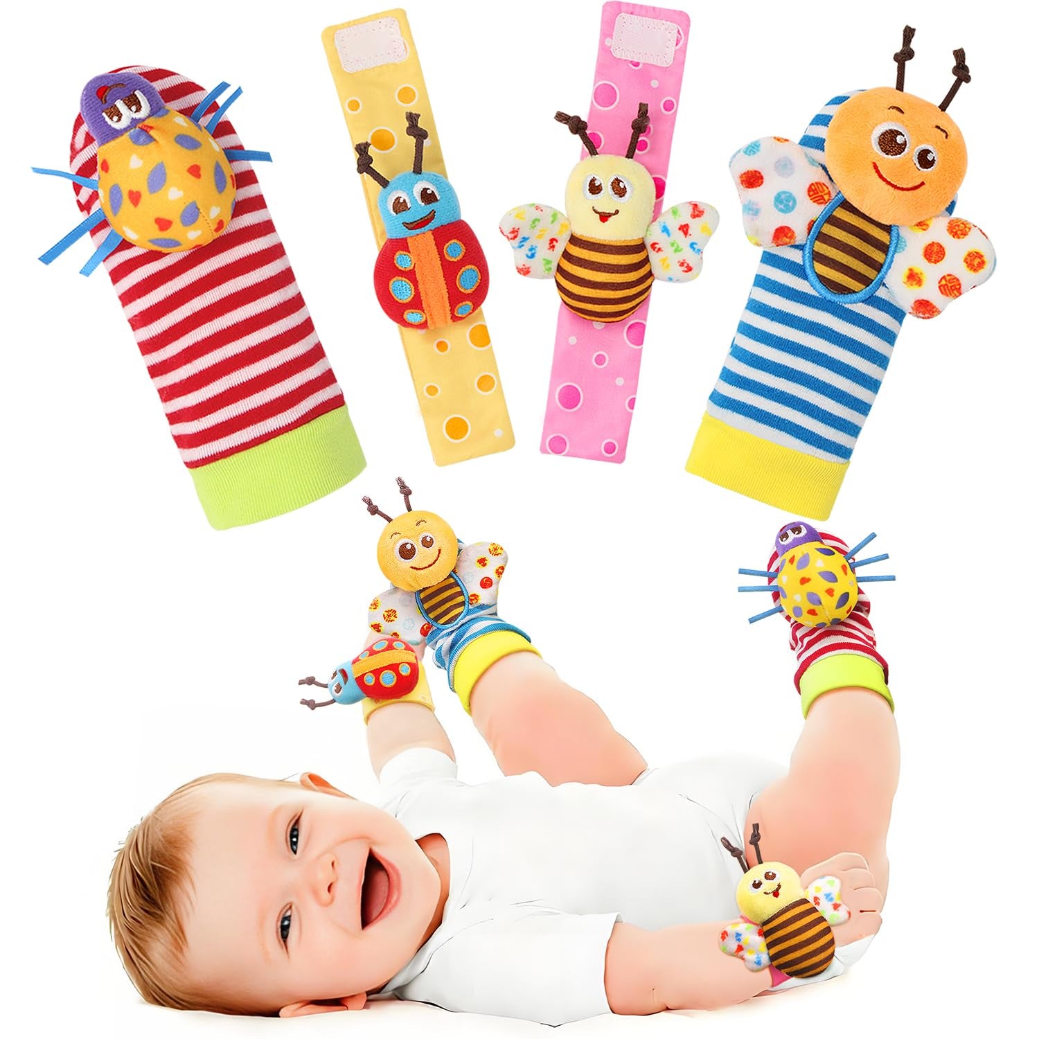 Wrist Rattle Socks and Foot Finder Set, Infant Girl Boy Toys for Babies 0-36 Months, Newborn Hand & Foot Toys for 0 to 3 Years, Baby Shower Gifts Set Easter Basket Stuffer