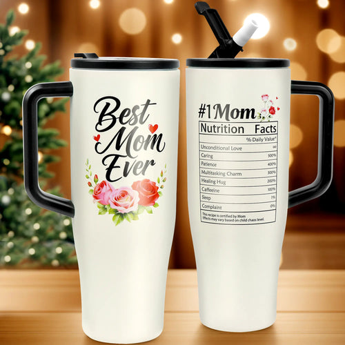 #1 Mom 40Oz Tumbler| Universal Silicone Cup Adapter Ring| Mom Nutrition Facts White Insulated Cup | Leakresistant Travel Coffee Mug with Handle & Straw | Mother'S Day Gift | Special Edition |Funny Birthday Present |Cup Reusable Tumbler