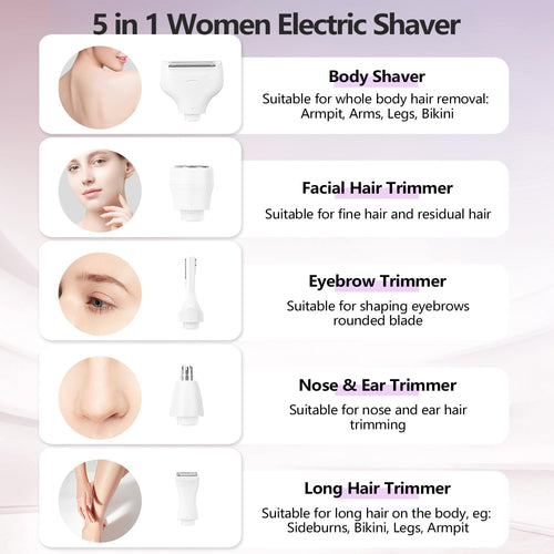 5-in-1 Electric Razor for Women – Wet & Dry Bikini Trimmer for Face, Body, Legs & Sensitive Areas