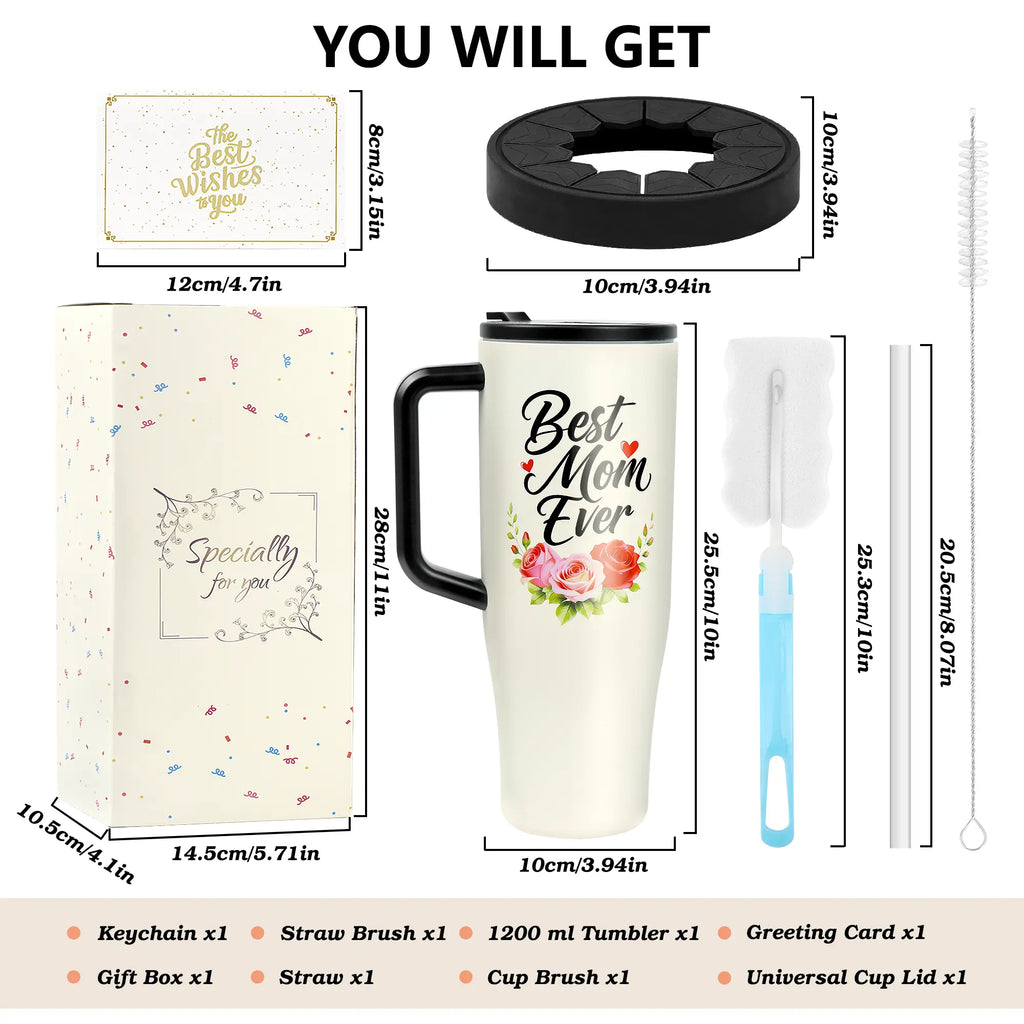 #1 Mom 40Oz Tumbler| Universal Silicone Cup Adapter Ring| Mom Nutrition Facts White Insulated Cup | Leakresistant Travel Coffee Mug with Handle & Straw | Mother'S Day Gift | Special Edition |Funny Birthday Present |Cup Reusable Tumbler