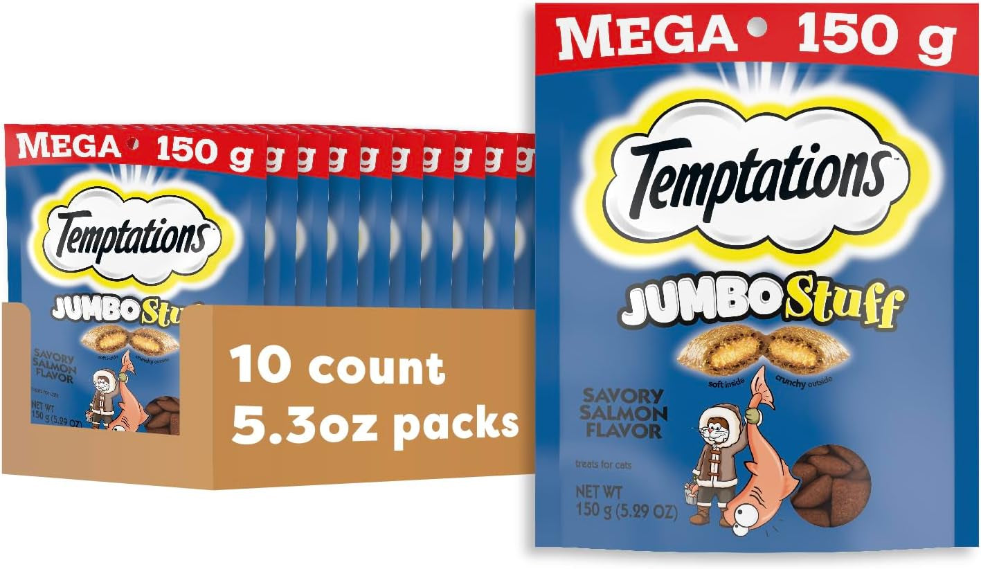 Jumbo Stuff Crunchy and Soft Cat Treats Savory Salmon Flavor, 5.3 Oz. Pouch (Pack of 10)