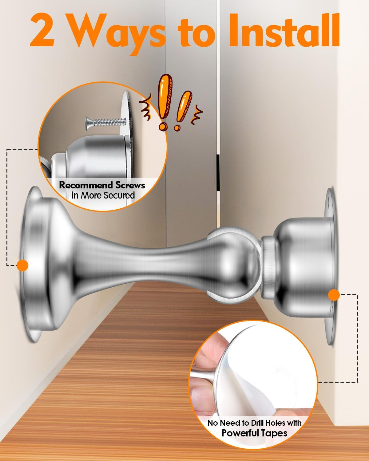 Door Stopper, Magnetic Door Stop, Stainless Steel, Magnetic Door Catch, 3M Double-Sided Adhesive Tape, No Drilling, Screws for Stronger Mount, Hold Your Door Open, for Wide Doors (2)