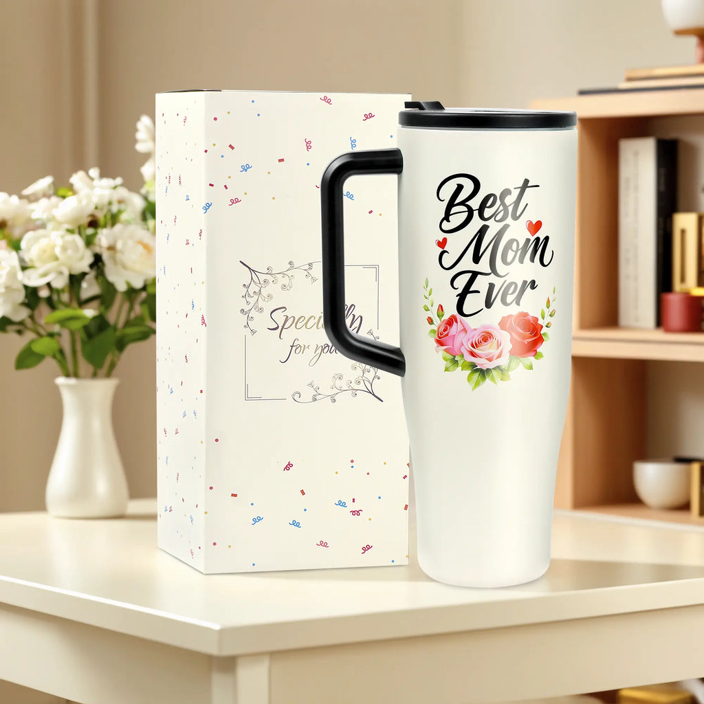 #1 Mom 40Oz Tumbler| Universal Silicone Cup Adapter Ring| Mom Nutrition Facts White Insulated Cup | Leakresistant Travel Coffee Mug with Handle & Straw | Mother'S Day Gift | Special Edition |Funny Birthday Present |Cup Reusable Tumbler