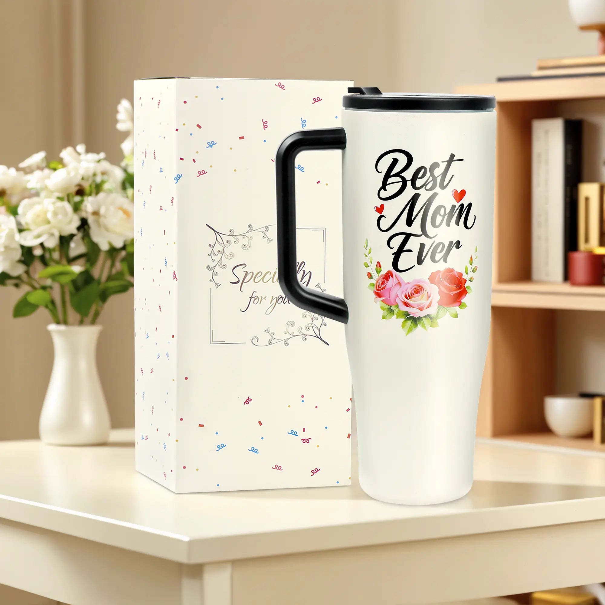 #1 Mom 40Oz Tumbler| Universal Silicone Cup Adapter Ring| Mom Nutrition Facts White Insulated Cup | Leakresistant Travel Coffee Mug with Handle & Straw | Mother'S Day Gift | Special Edition |Funny Birthday Present |Cup Reusable Tumbler